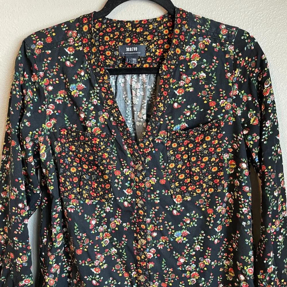 Maeve Anthropologie Black Floral Print Drop Waist Dress Size 2 (US) Cottage Core - Image 2