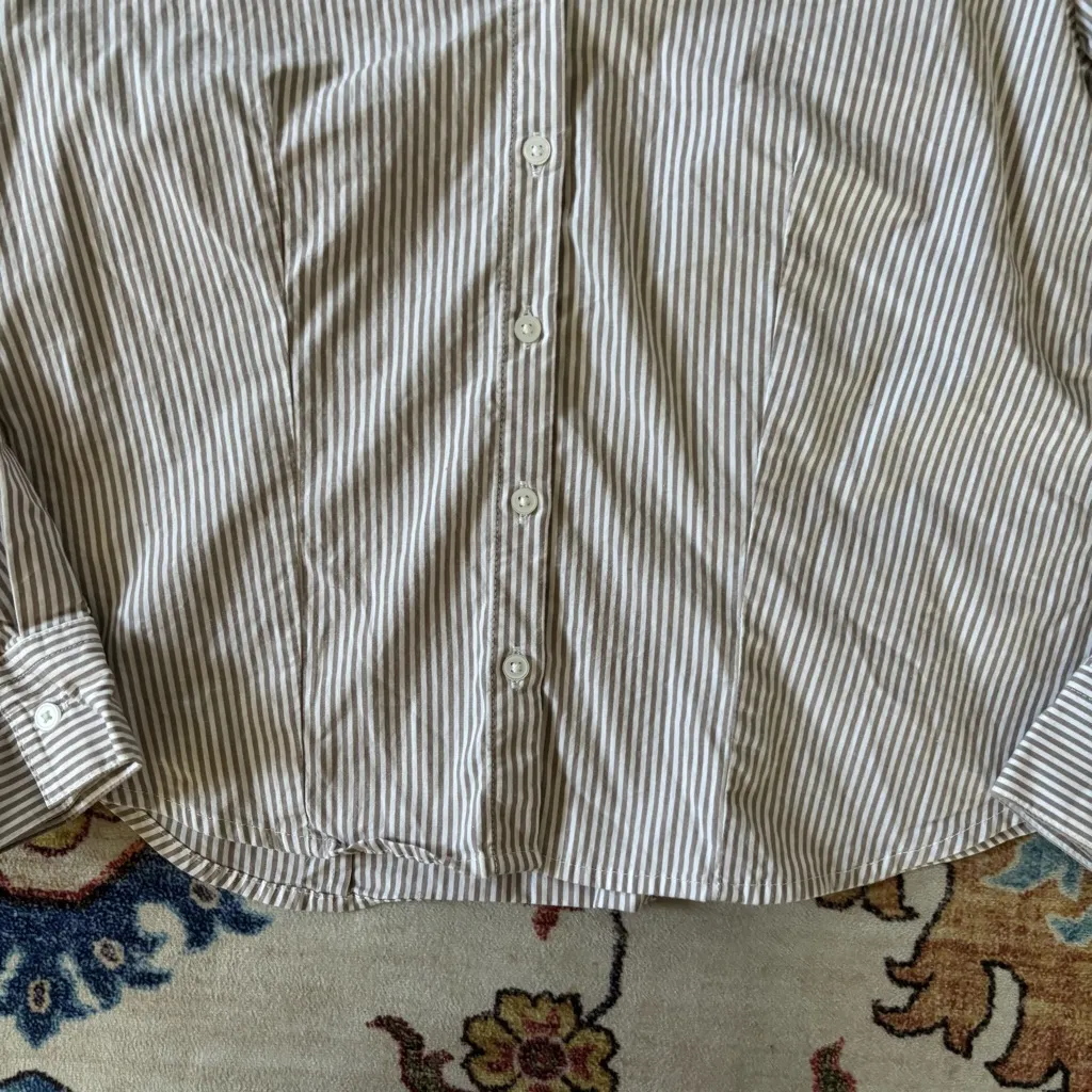Old Navy The Slim Shirt Tan Pin Striped Collared Top Office Siren Medium - Image 3