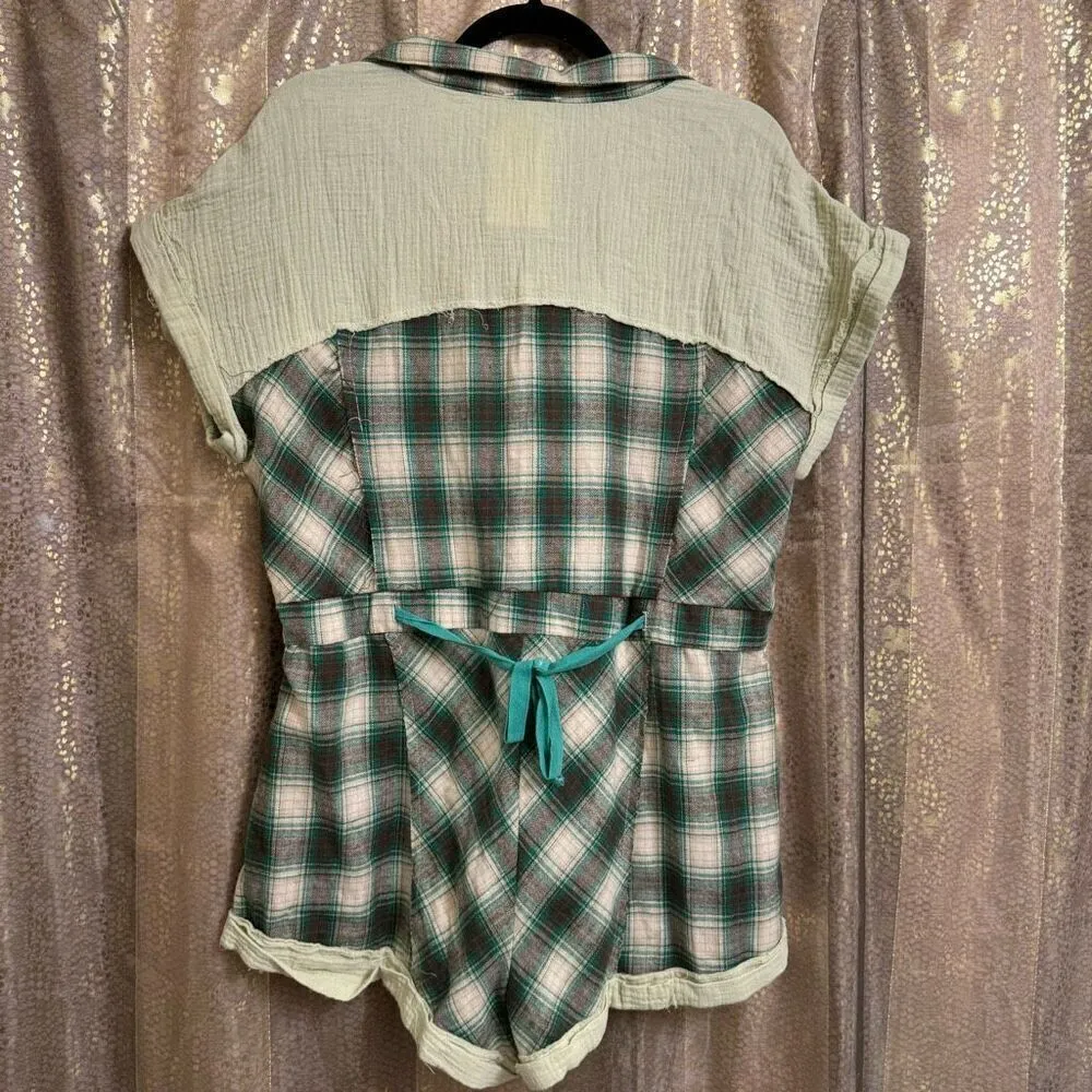 POL Green Boho Button Up Plaid Short Sleeve Romper Medium NWT - Image 2