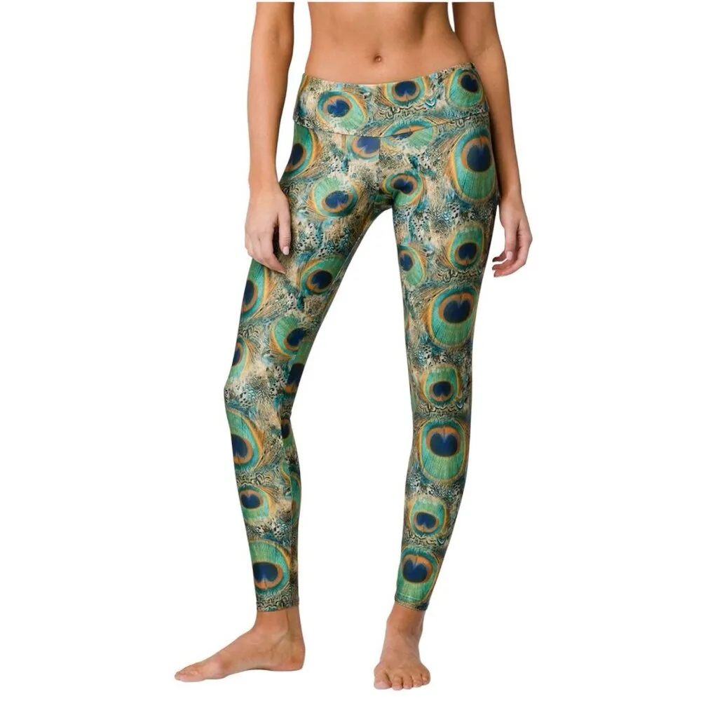 Onzie Long Leggings Yoga Pants‎ Womens Size MT Peacock Feathers Green Low Rise - Image 3