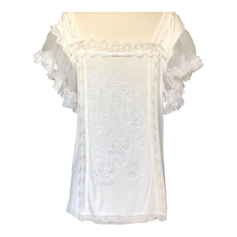 POL White Lace Peasant Blouse Floral Ruffle Sleeve Square Neck Women Size Small - Image 9