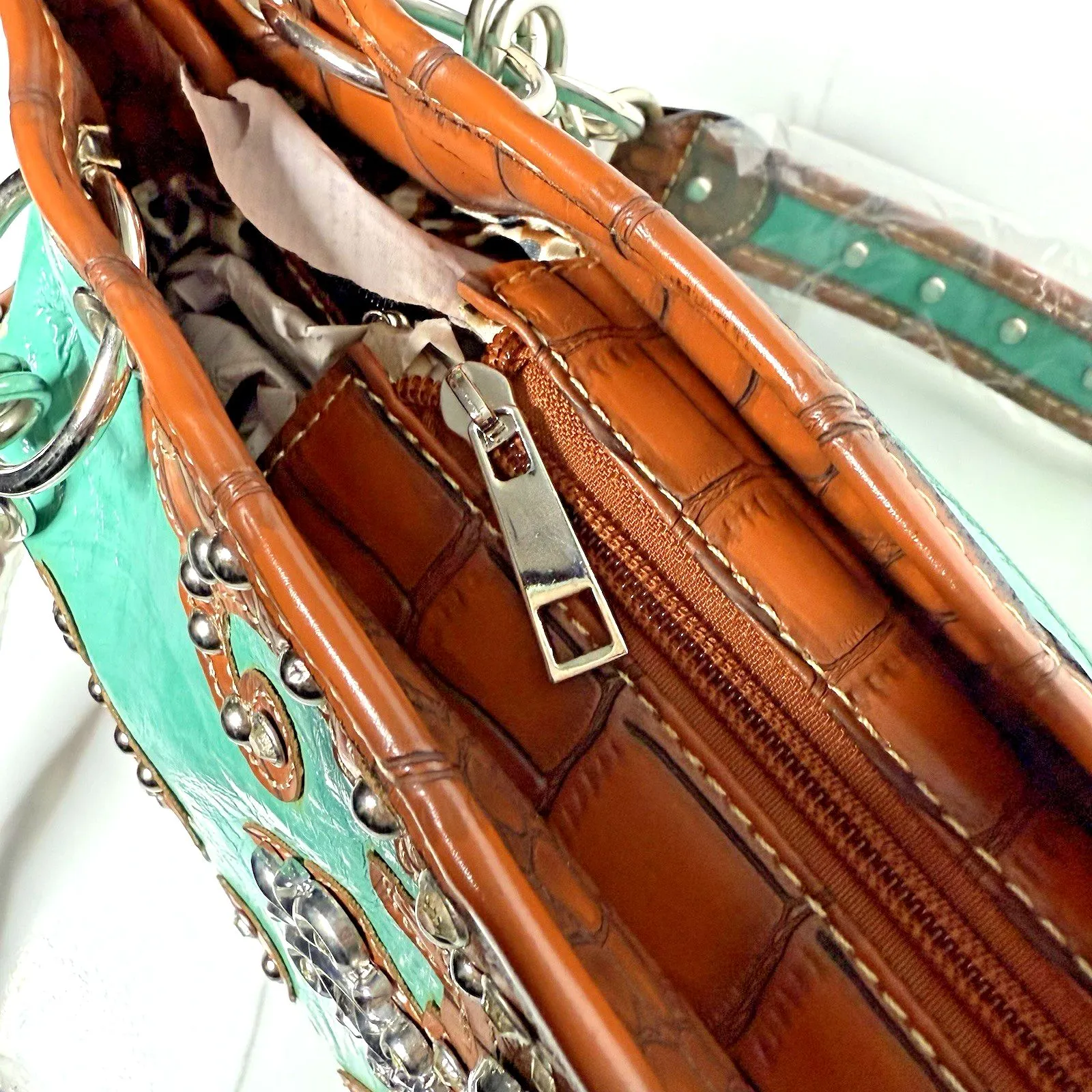Western Turquoise Rhinestone Cross Handbag Tooled Brown Faux Leather Chain Strap Green - Image 10