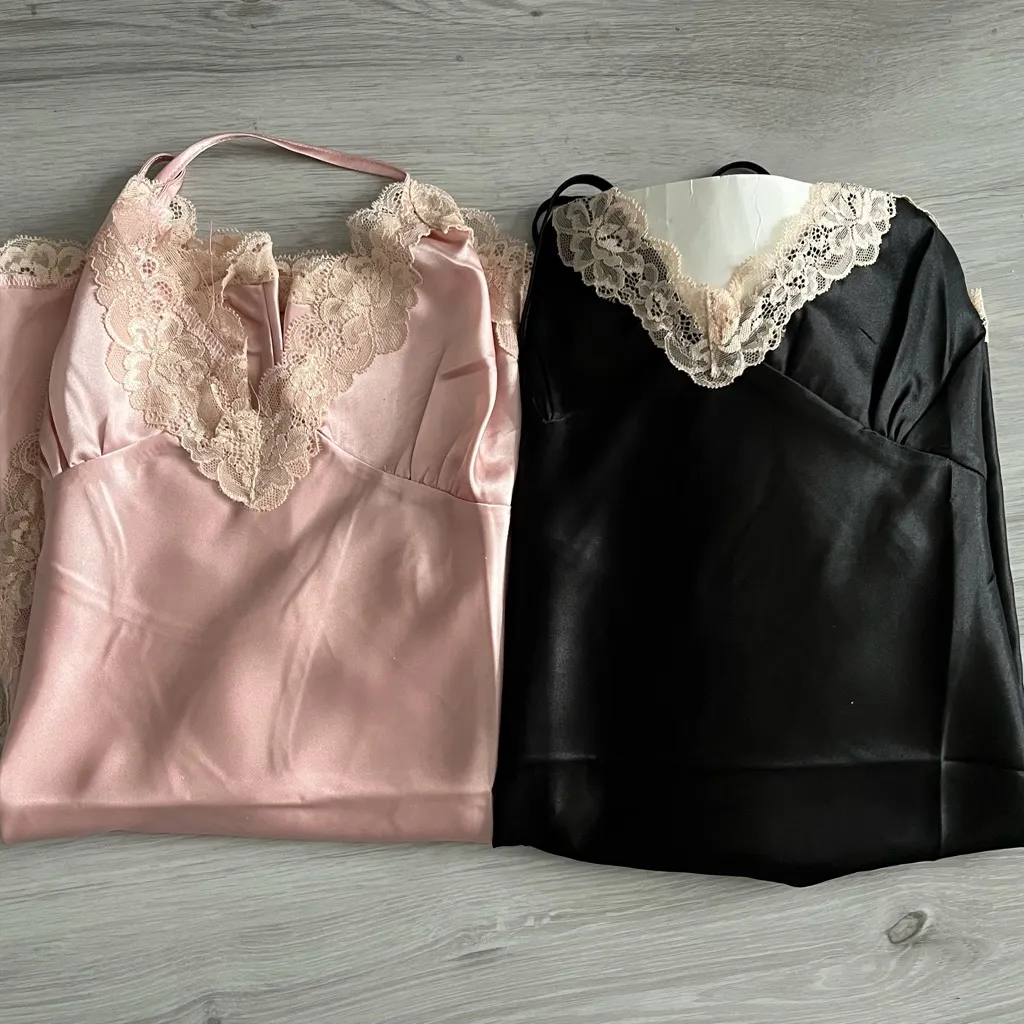 NEW Elegant set Pink and black Lace Trim‎ Satin Chemise Size L - Image 2
