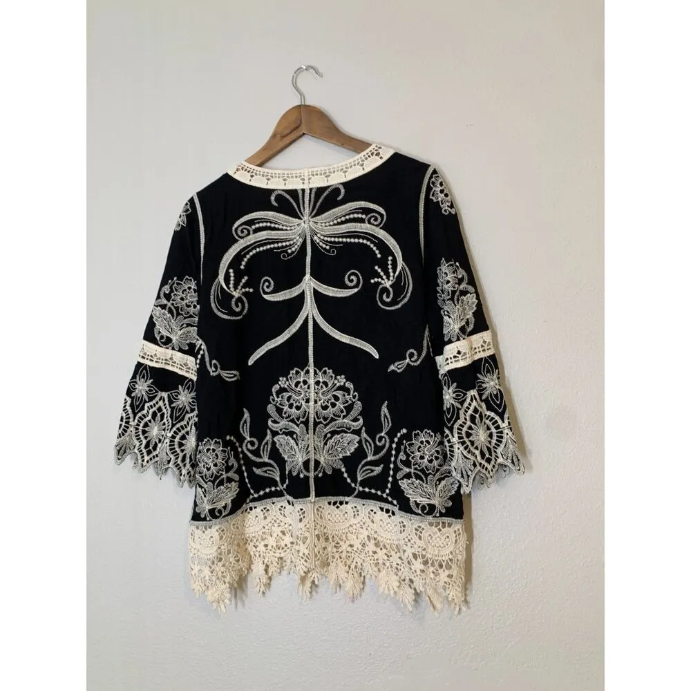 Cato Black Lace Trim Tunic Top Womens Sz S Embroidered Floral Boho Crotchet - Image 6