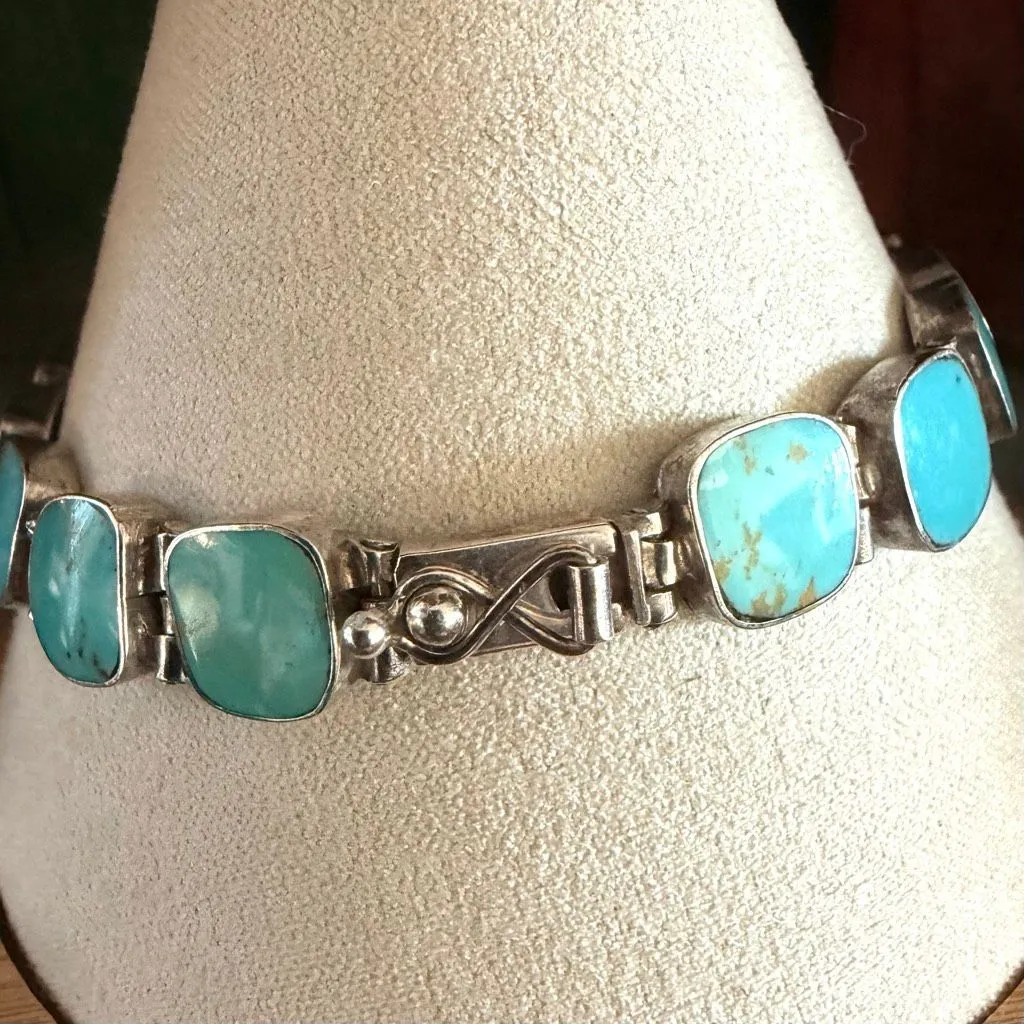 Sterling Silver Turquoise Link Bracelet Vintage Blue - Image 5