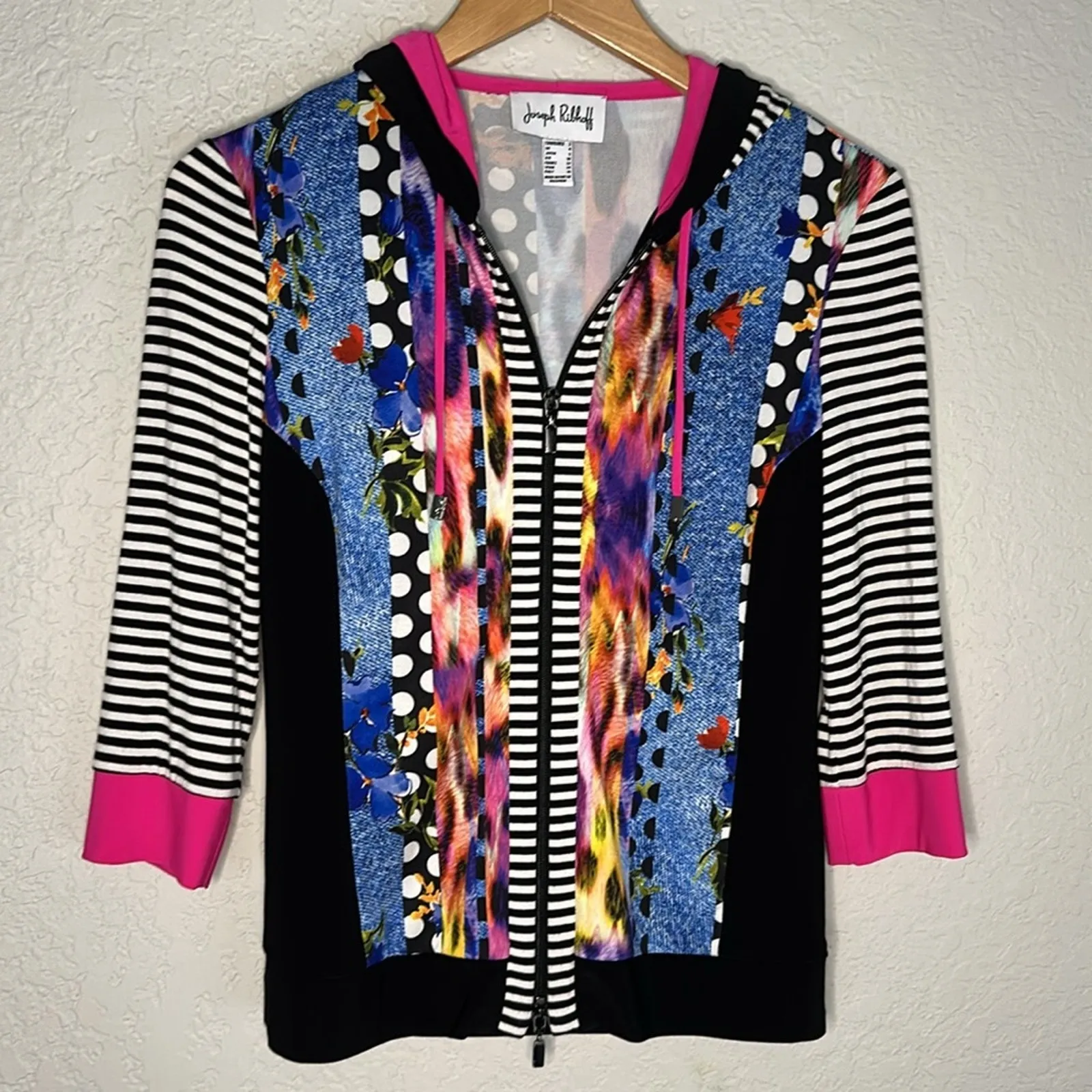 Joseph Ribkoff Hoodie Jacket Full Zip Punk 80s Stretch Pink Black Athleisure - Image 3