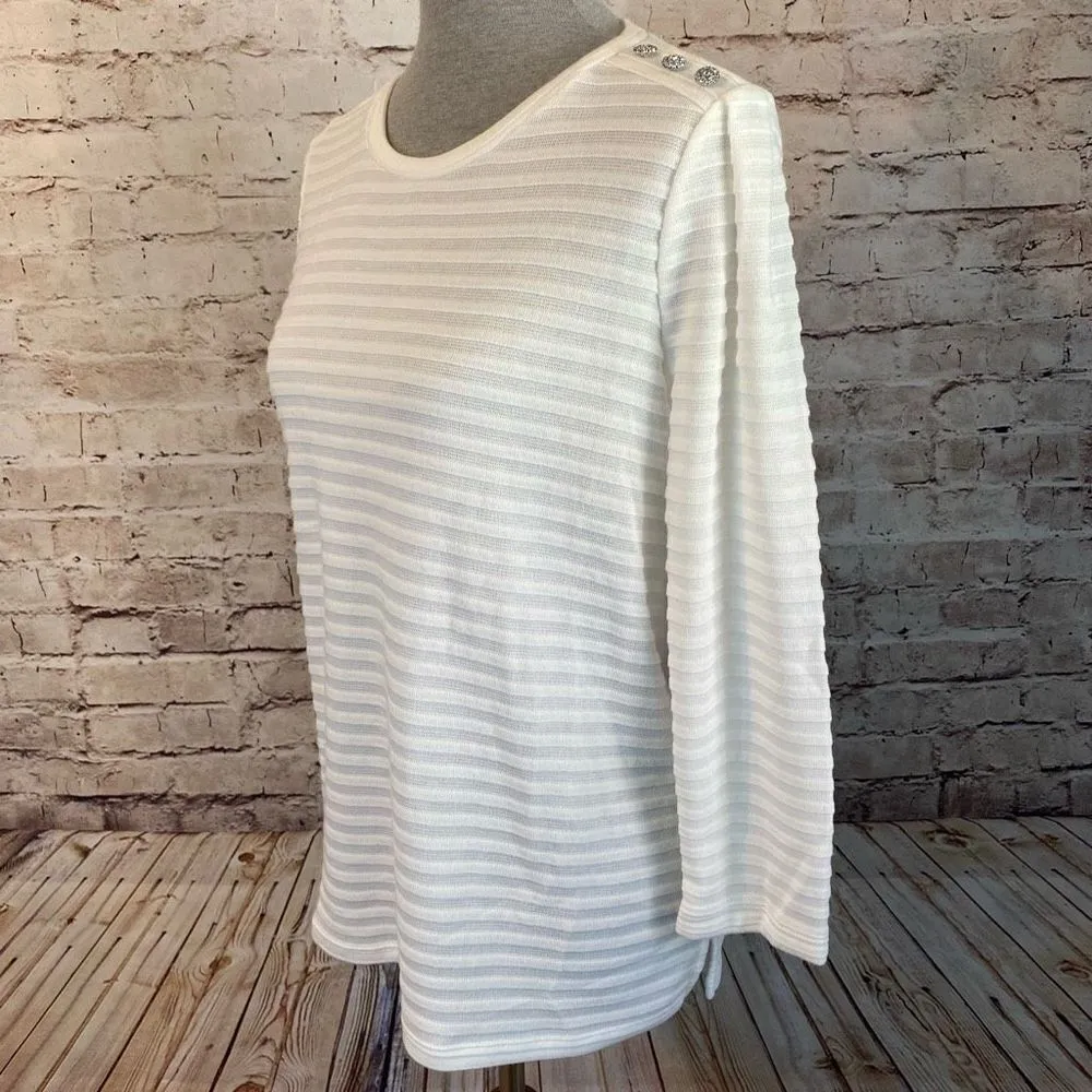 Liz Claiborne Womens Cream Long Sleeve Sweater Striped Button Embellished Medium - Image 3