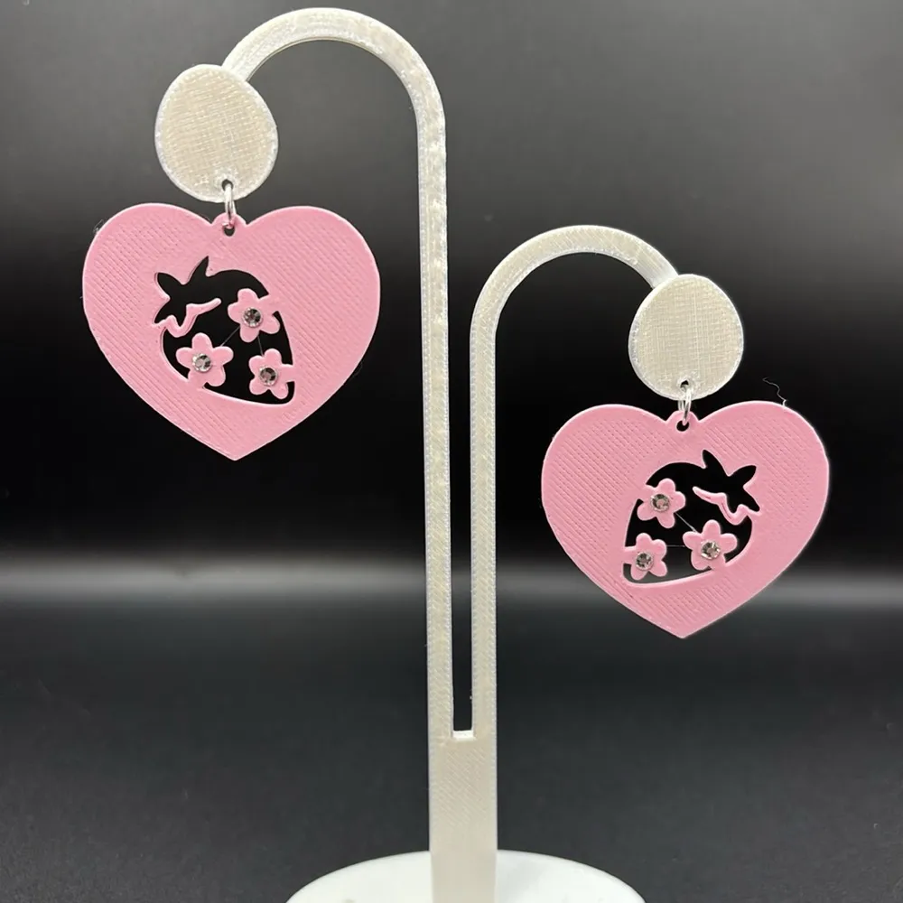 Pink Heart Rhinestone Strawberry Earrings - Image 4