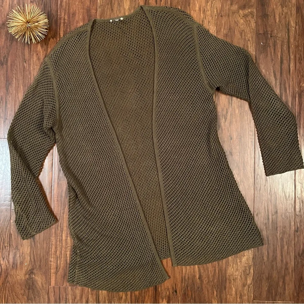 Open Knit Open Front Olive Green Long Cardigan Sweater Size M - Image 2