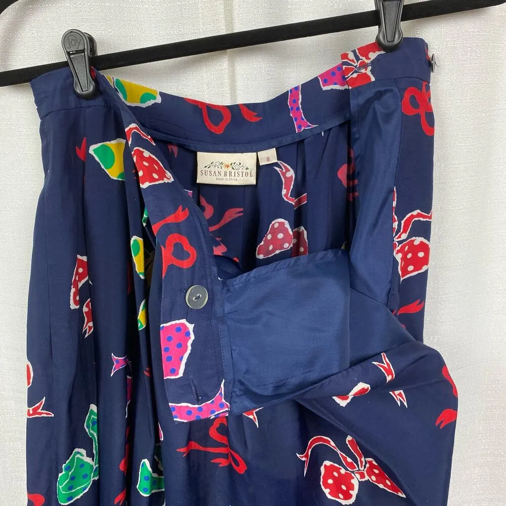 Susan Bristol Vintage Two Piece Blue&Multi Bow Print Blouse&Skirt Sz.8 - Image 7
