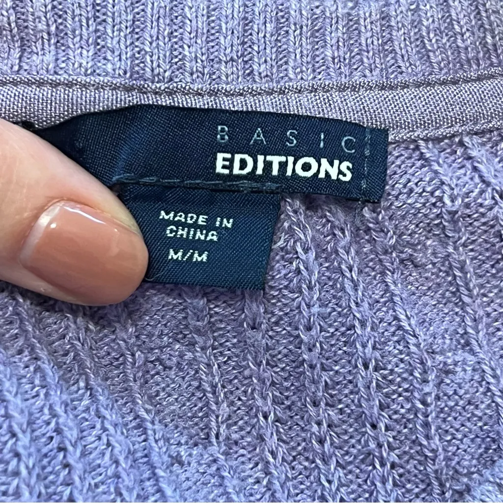 Basic Editions Light Purple V Neck Cable Knit Ribbed Long Sleeve Sweater M Size M - Image 7