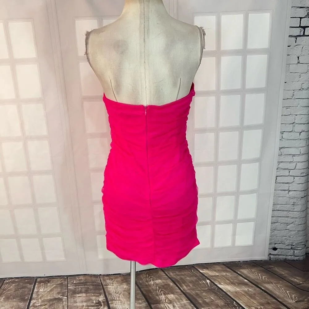 Prettylittlething Hot Pink Mesh Corset Detail Ruched Bodycon Dress Size 12 - Image 7