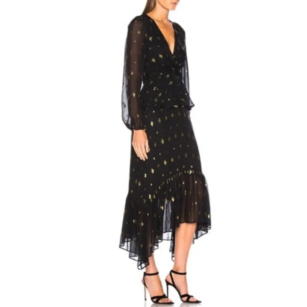 A.L.C. Stanwyck Dress Ruffle Sheer Long Sleeve Silk Midi Gold Metallic‎ Black 6 - Image 2