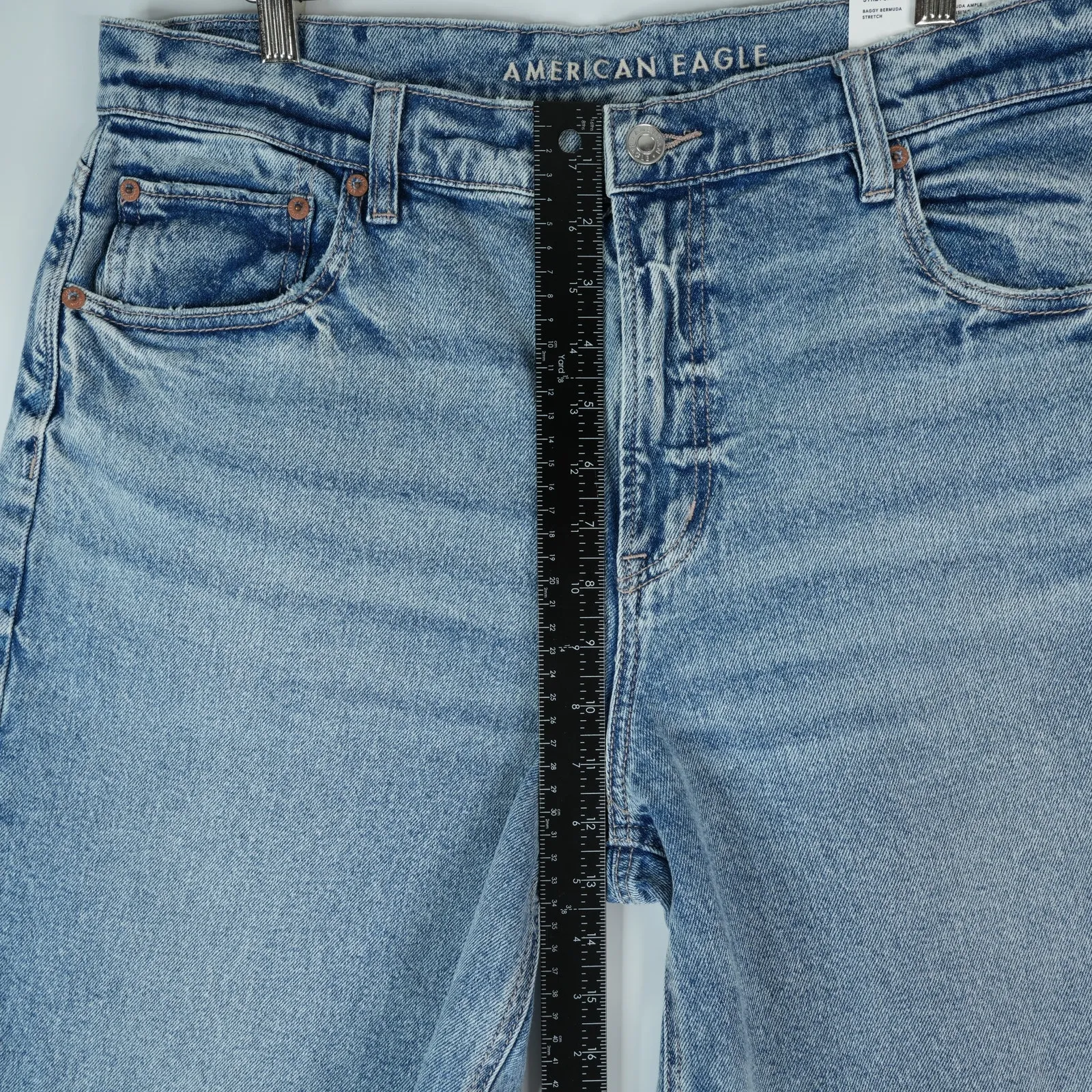 American Eagle Baggy Bermuda Shorts Jorts Womens 14 32W Blue High Rise Stretch - Image 11