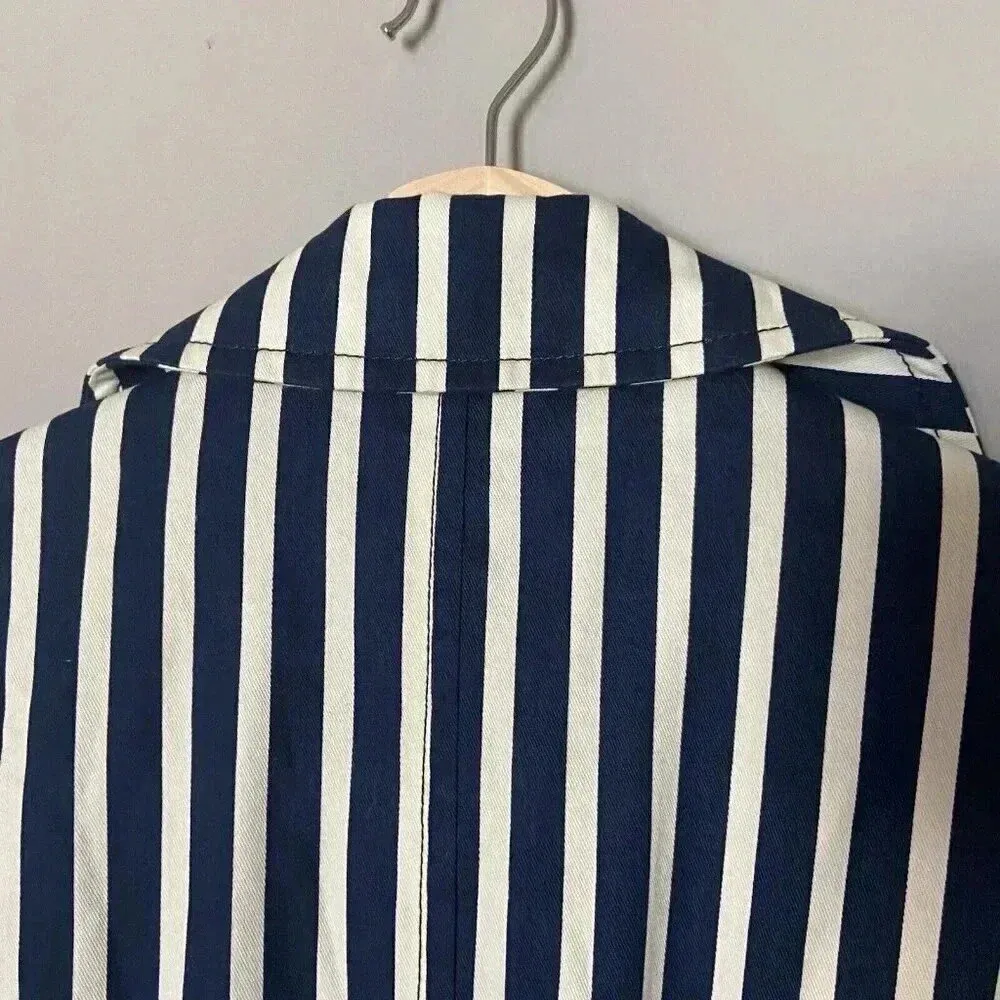 Express Women's‎ S Blue White Striped Pleated Back Trench Coat Size Small Preppy - Image 11