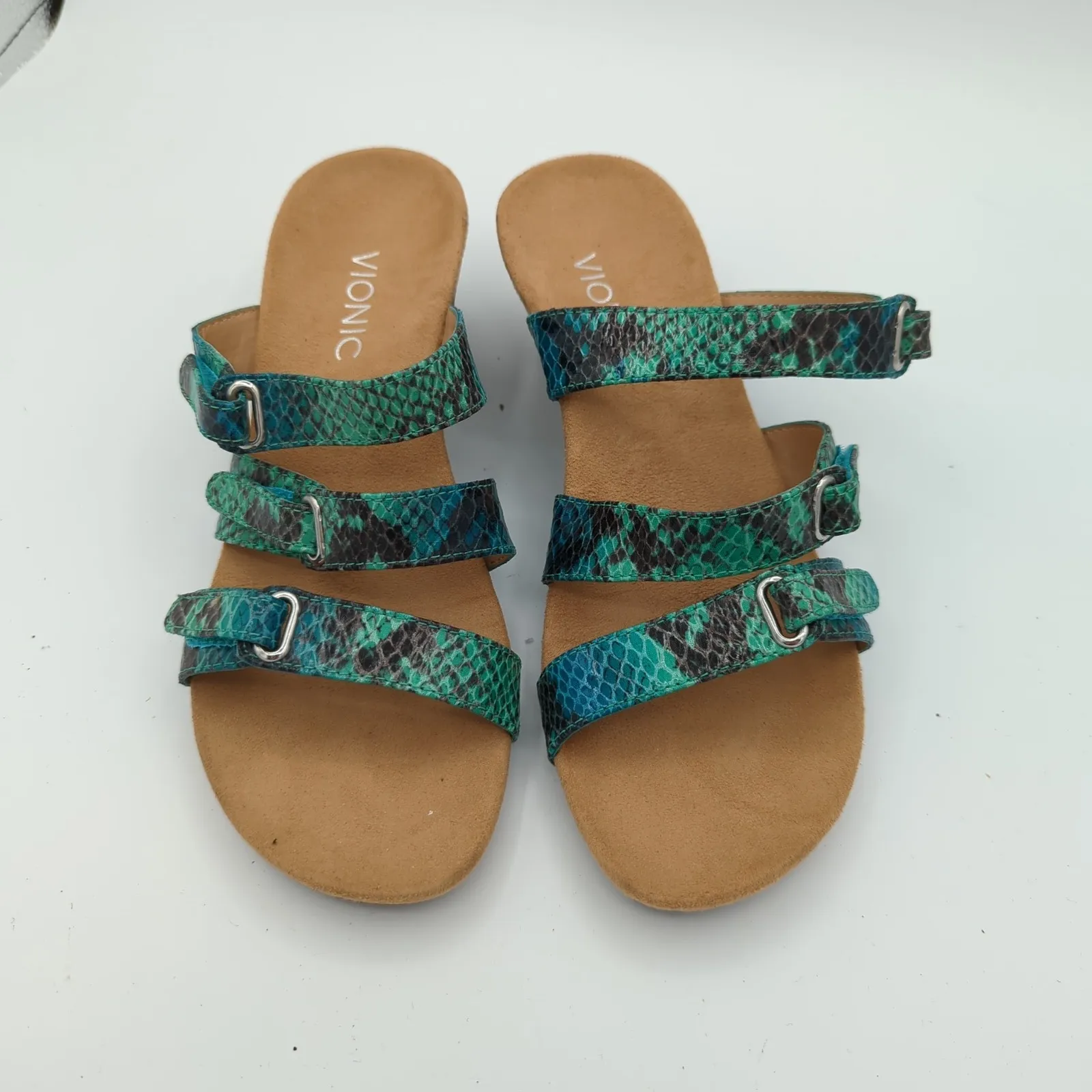 Vionic Dwyn Women's 6 Slide Wedge Sandals Teal Snake Print Adjustable Comfort - Image 4