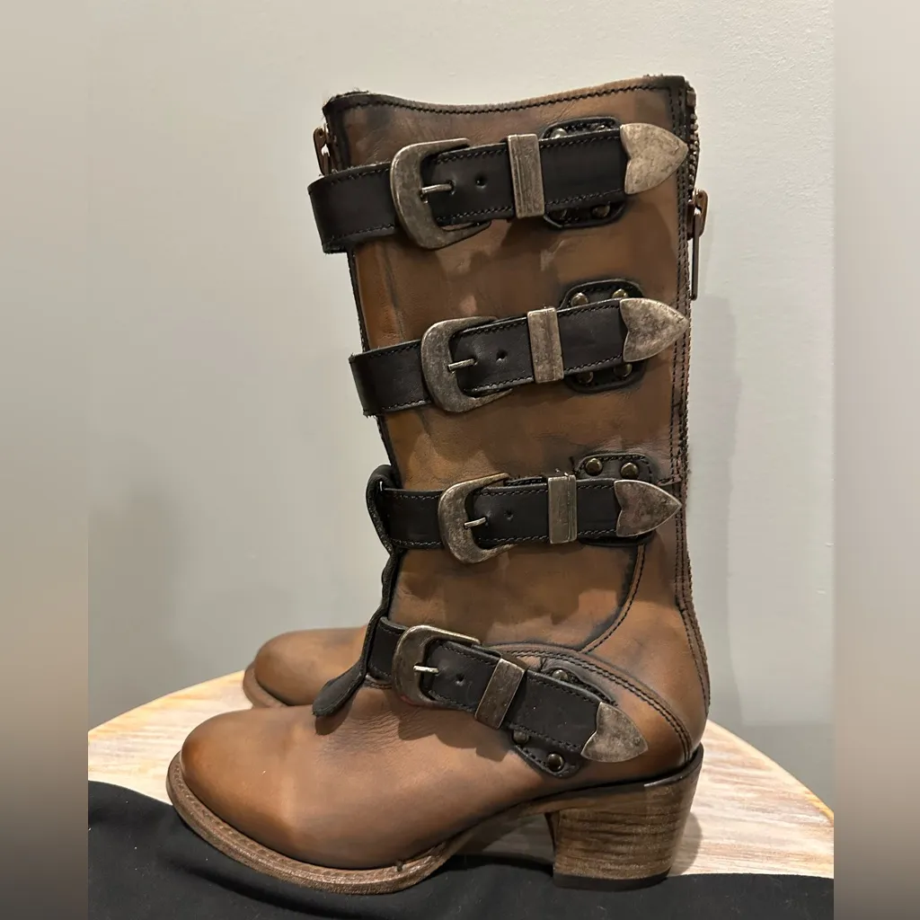 FreeBird Notorious Harness Buckle Zipper detail Brown/Tan Leather Boots 7 Brown - Image 4