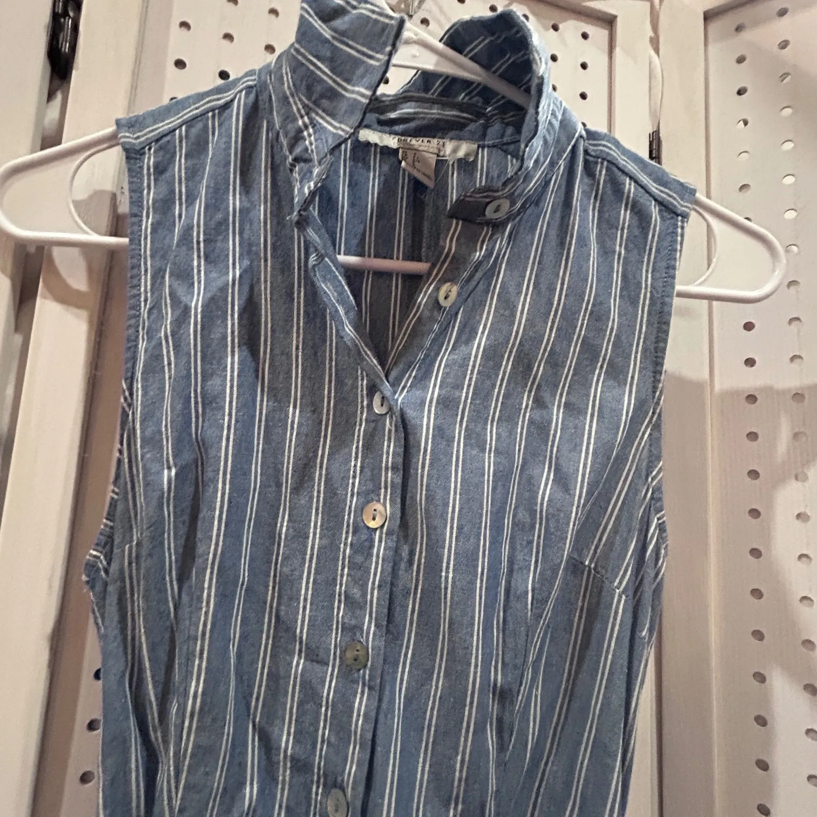 NWOT Forever 21 Blue White Striped Button Up Shirt Dress Ruffle Size S - Image 4