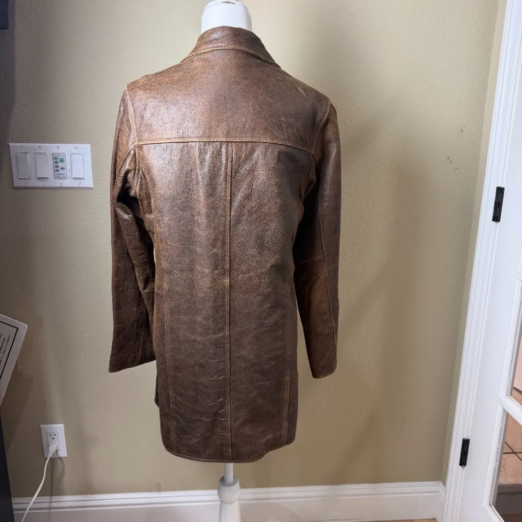 Vintage SUNDANCE Leather Trench Coat Jacket Lined Double Breasted Size Medium - Image 7