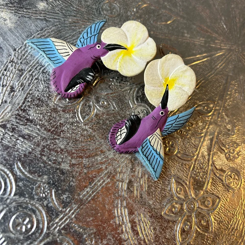 Hummingbird Wooden Earrings Purple - Image 2