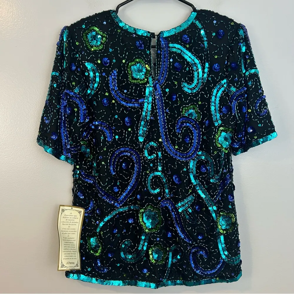 NWT Vintage Mark & John Gopal 100% Silk Sequin Blue/Green Short Sleeve Top Small Green - Image 5