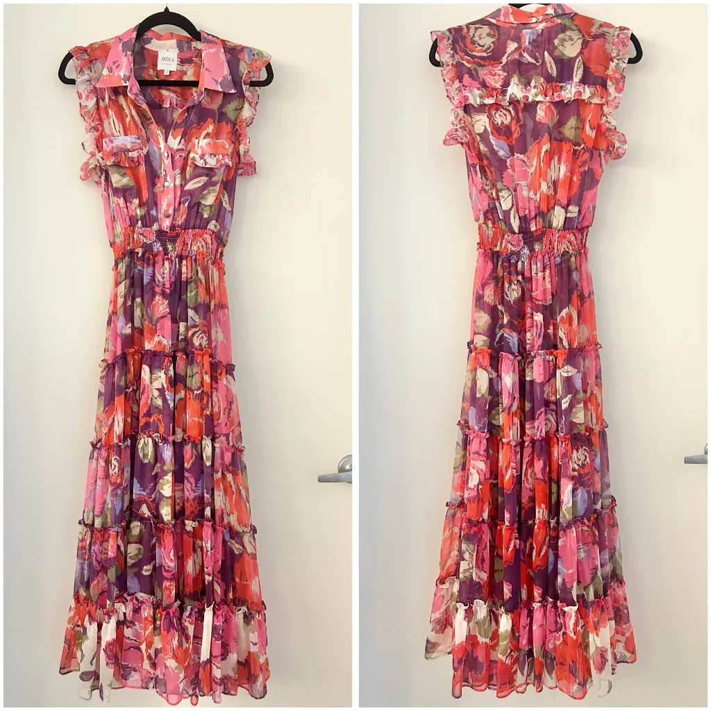 MISA Los Angeles Trina Floral Ruffle Maxi Dress in Lilac Coming Up Roses Size S - Image 5