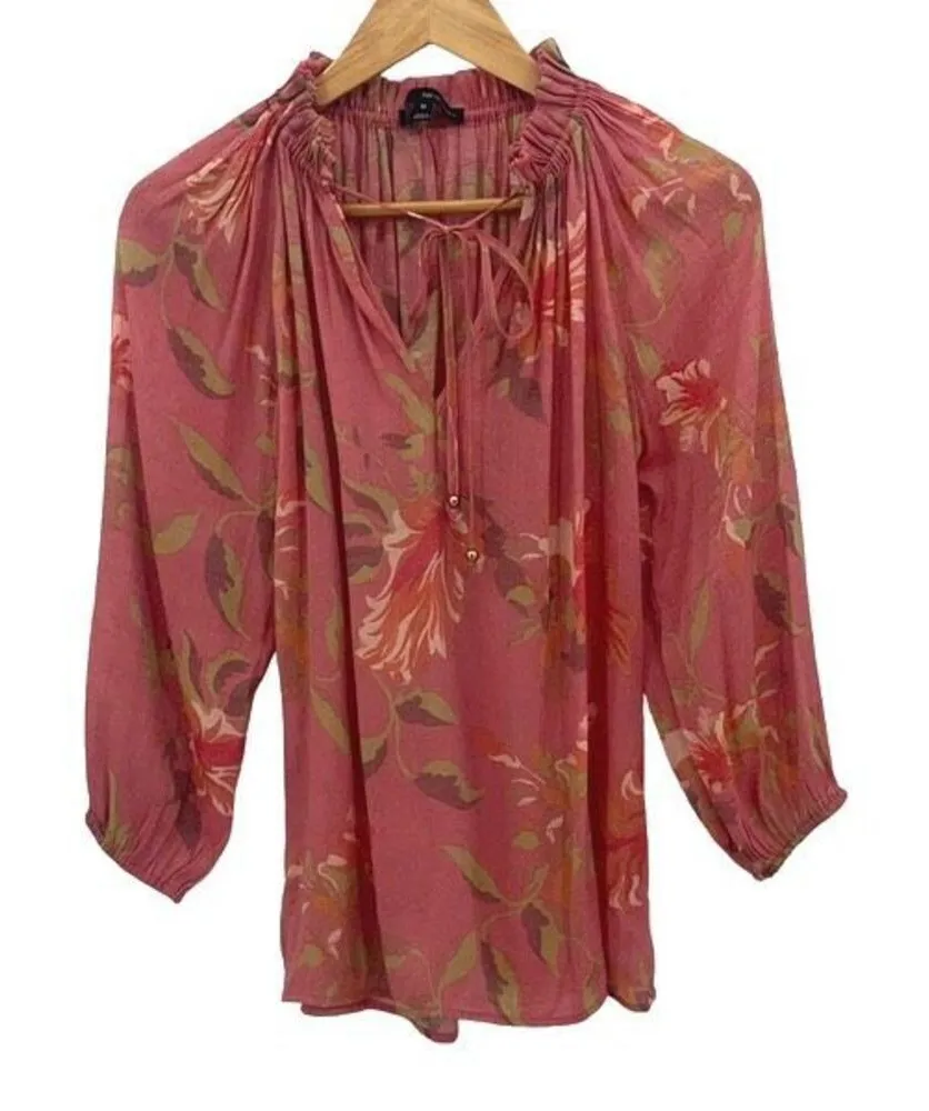 Harve Benard Womens Floral 3/4 Sleeve Tie Neck Soft Texture Blouse Coral Medium - Image 1