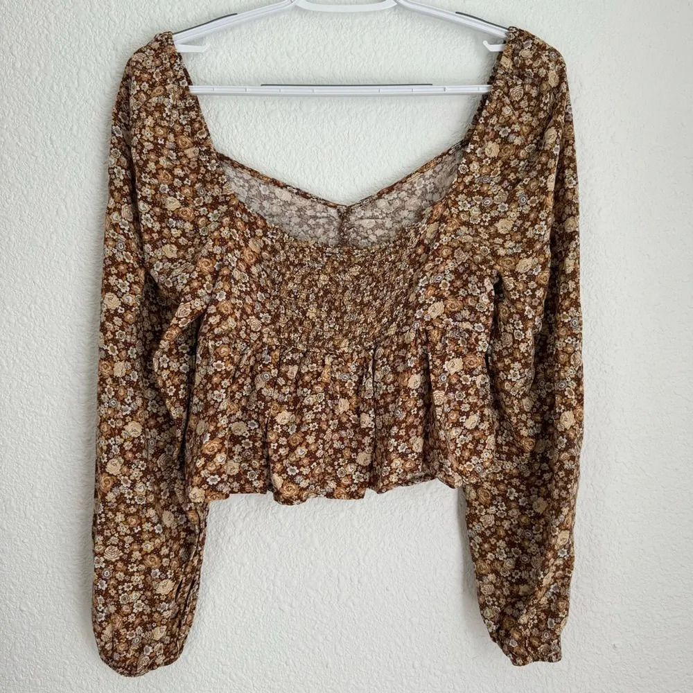 brown floral long sleeve peplum cropped blouse, ruched size S - Image 5