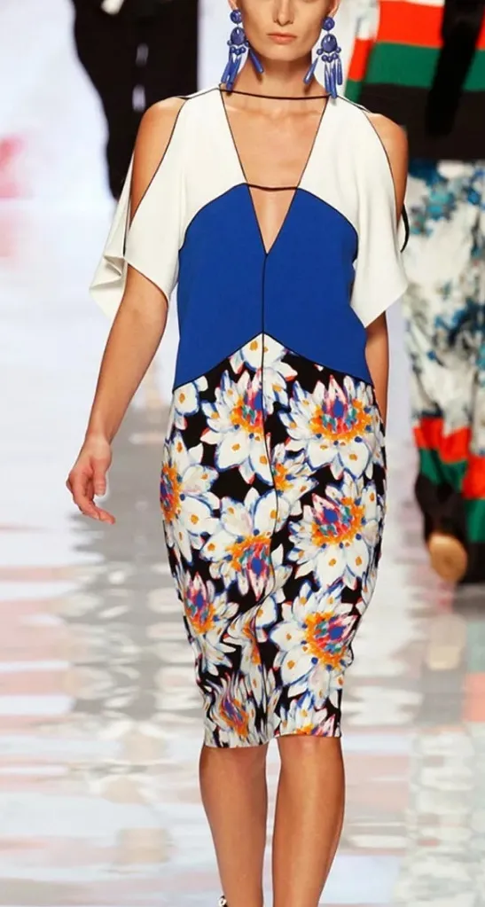Etro Runway Collection Cold Shoulder Floral Colorblock Pencil Dress Size 38/2 US Blue - Image 2