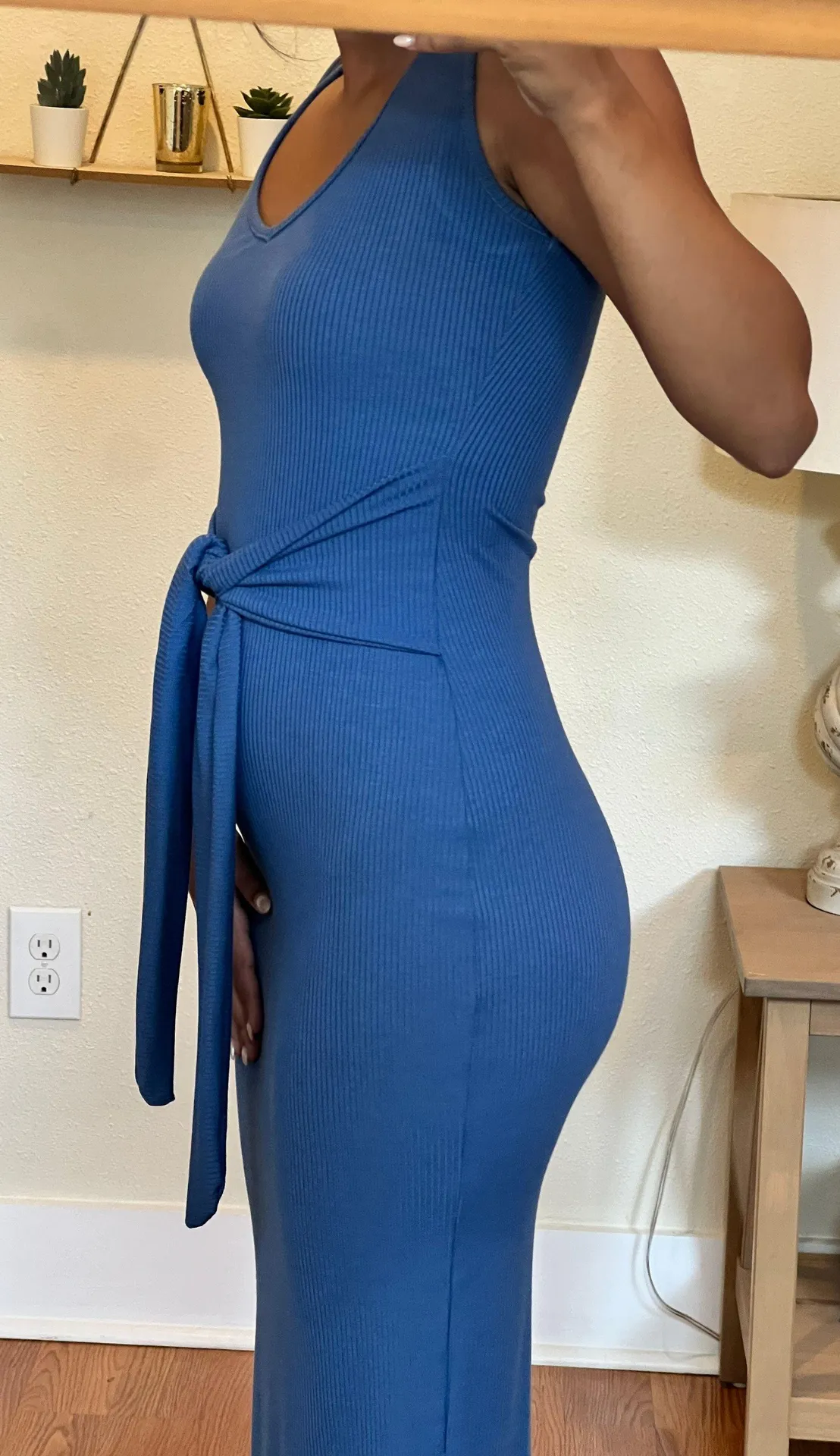 Blue Ribbed Tie front Midi Dress - Image 5