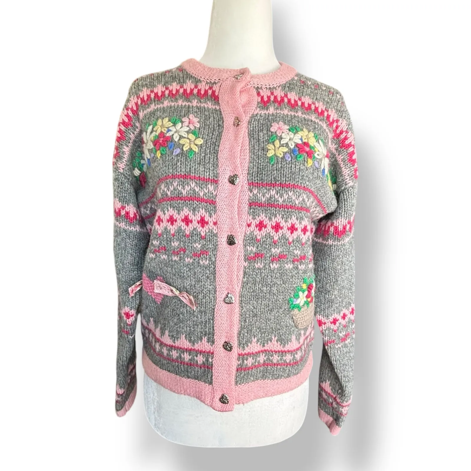 Vintage Eagles Eye Wool Knit Cardigan Pink Gray Floral Heart Bow Small Grandma - Image 3