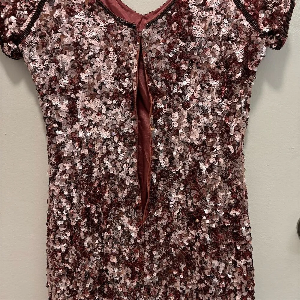 Stenay Sequin Cutout Short Sleeve Mini Dress Rose Gold Sparkly Party Silk Pink Size 10 - Image 6