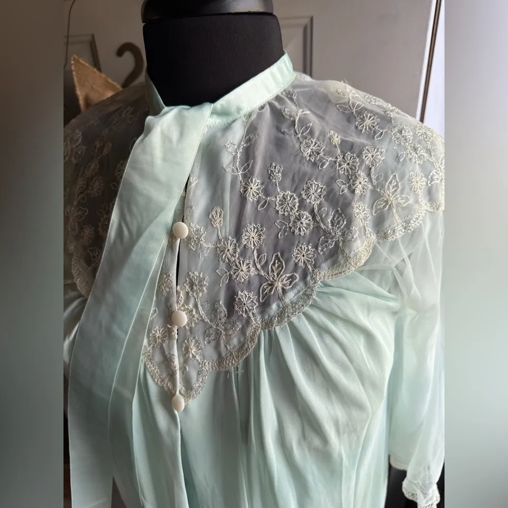 Vintage 60s Corsage sea foam sheer pixie two piece peignoir set, size medium Green - Image 9