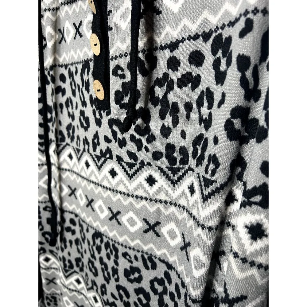 Honeyme Curvy Soft Geometric and Animal Print Sweater with Cork Buttons Hoodie - Image 3