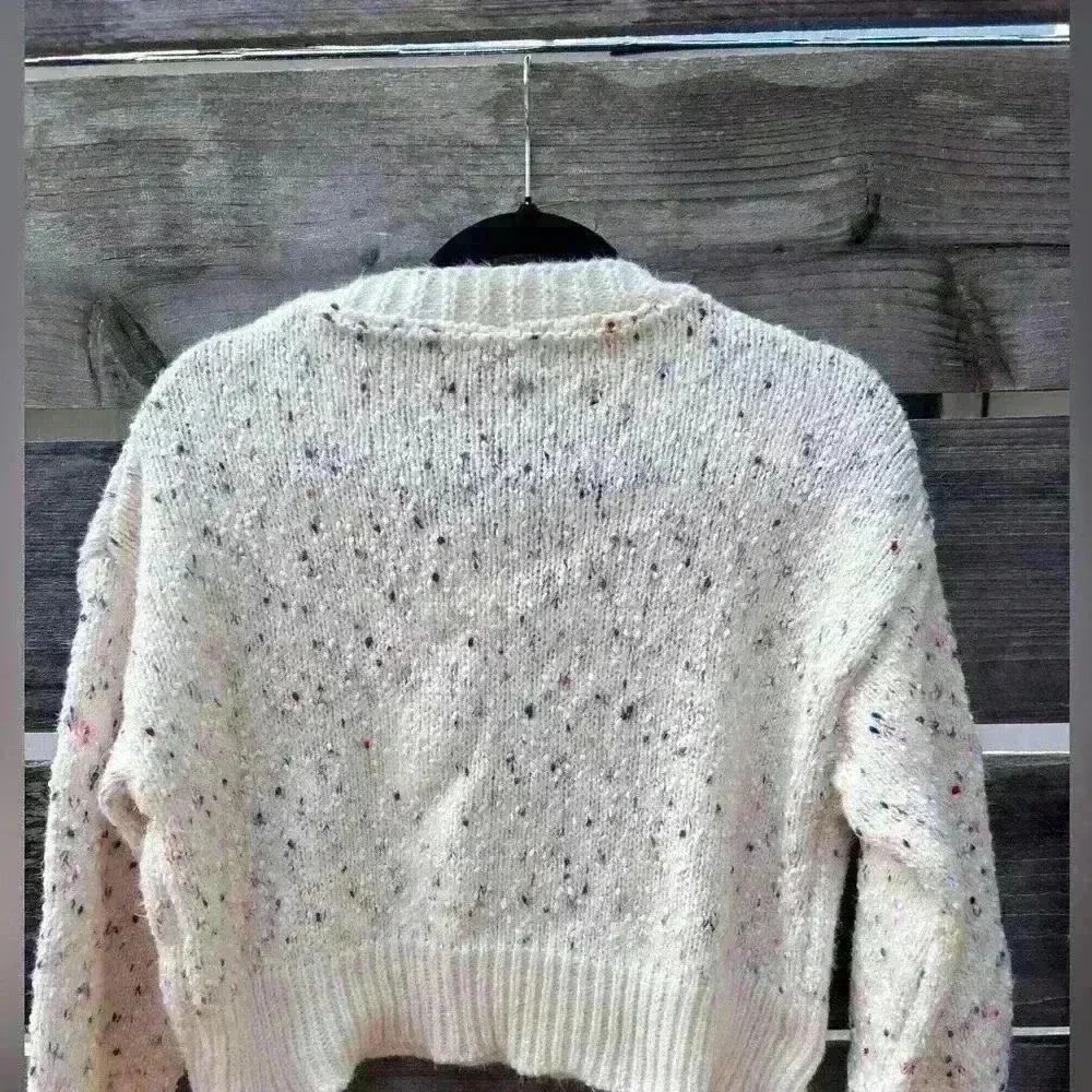 Melange V Neck Knit Cardigan Small K Pop Style Chunky Multicolor K Pop New Jeans White - Image 5