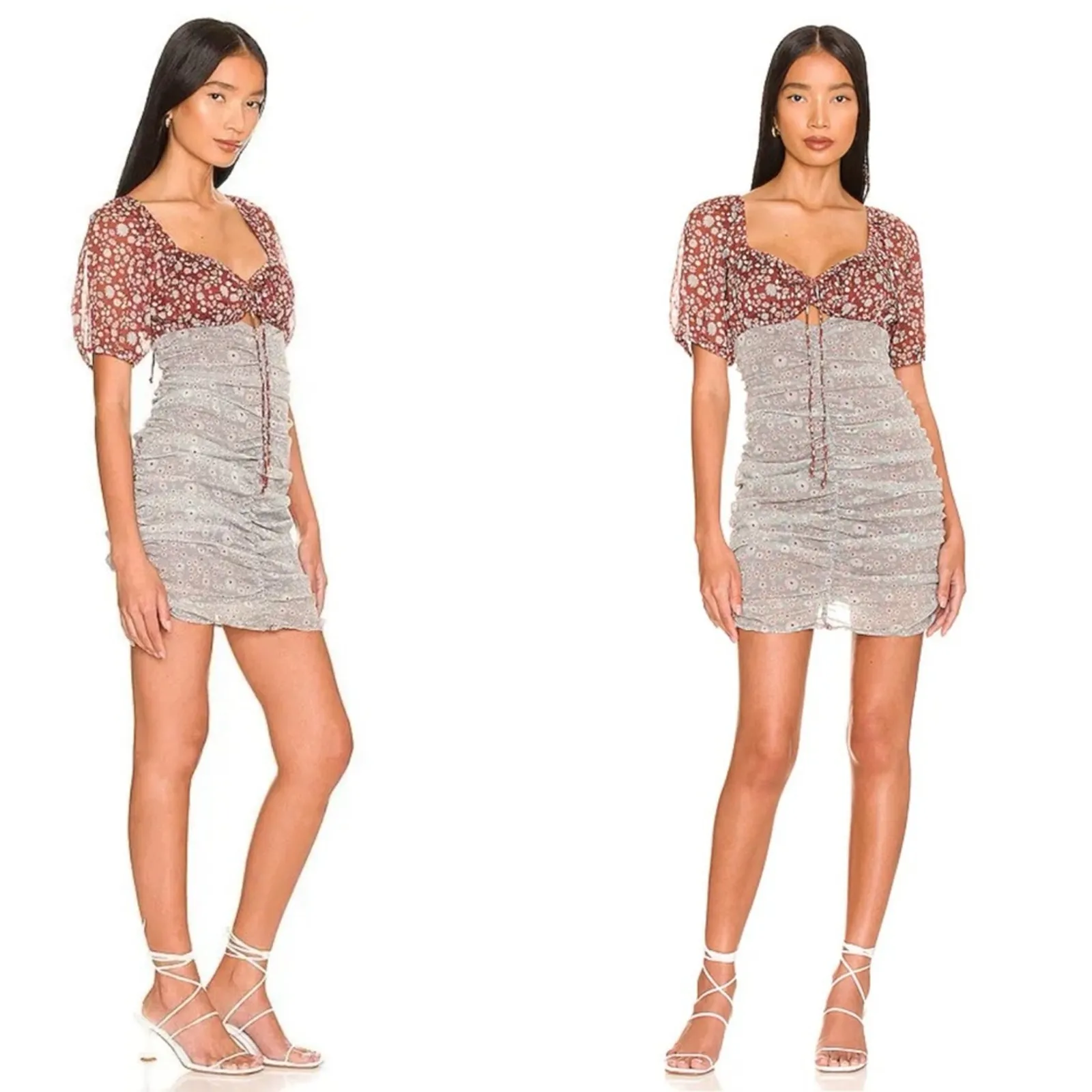 Free People Tessa mini Dress ruched bodycon Floral Print Sz Small Boho festival - Image 6