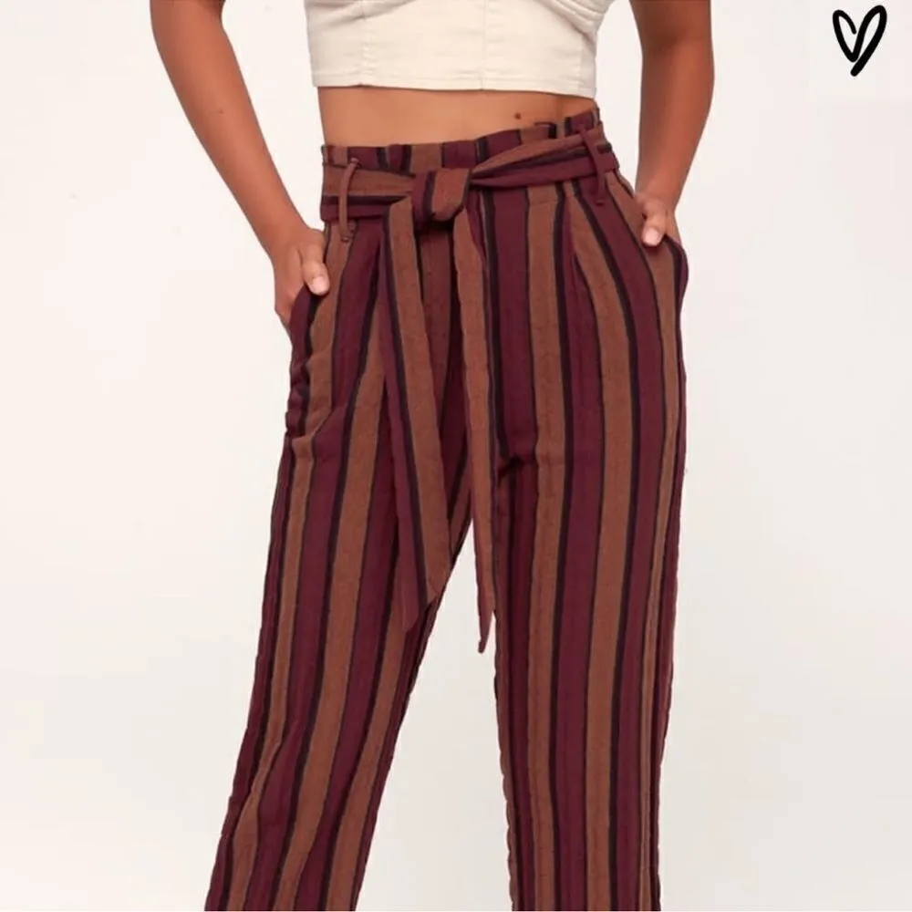 NWT Lulus Renfroe Burgundy Striped Pants Paper Bag Wide Leg Raw Hem Belted XS - Image 3
