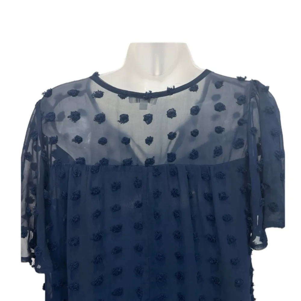 Umgee Swiss Dot Smocked Bodice Dress Size S Pom Pom Blue - Image 7