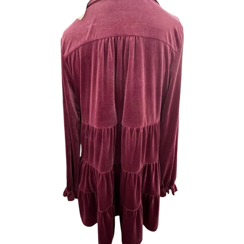 Easel Burgundy Velvet Babydoll Tiered V-Neck Mini Dress Small Ruffle Flowy Boho - Image 5