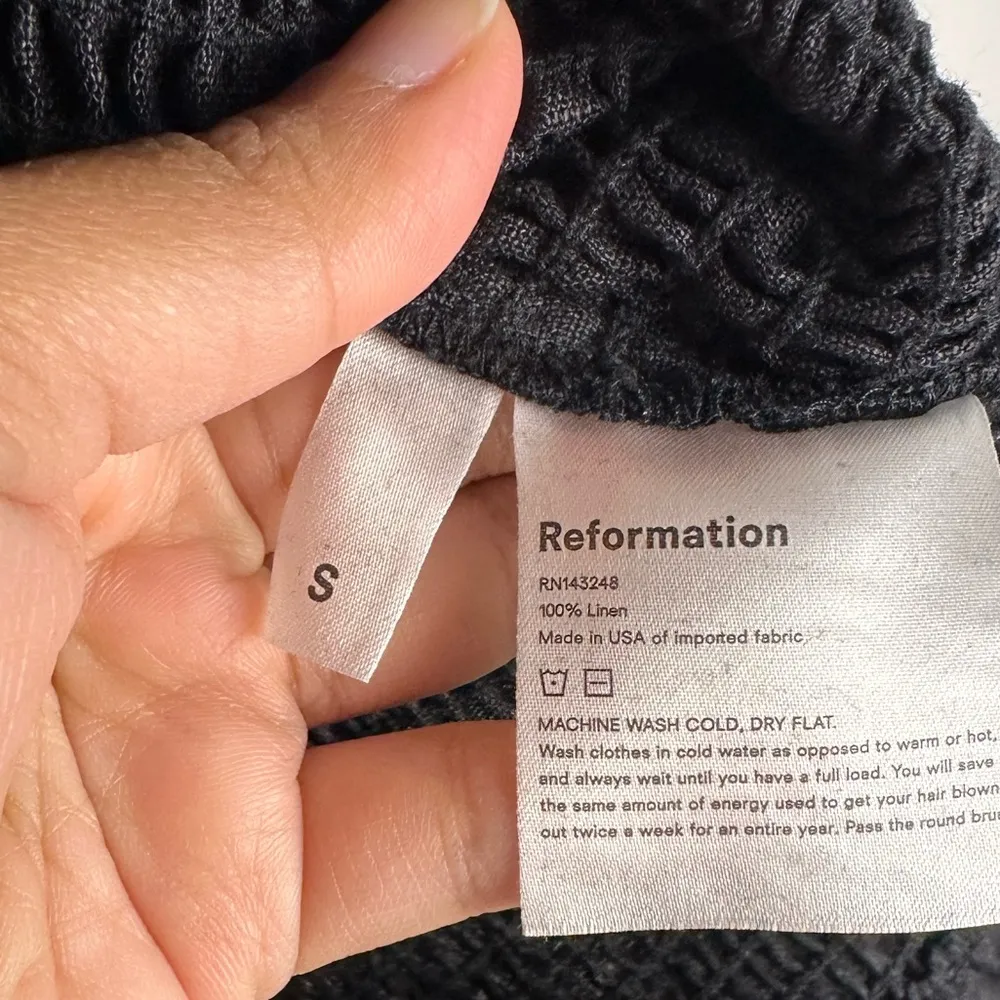 Reformation Hilary Smocked Black Linen Puff Sleeves Mini Dress Women’s Sz S - Image 7