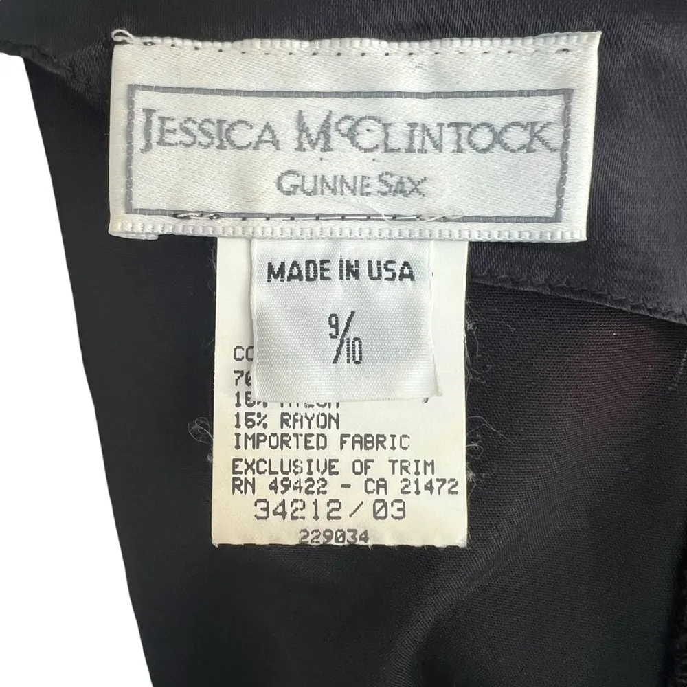JESSICA MCCLINTOCK Gunne Sax Black Velvet Embroidered Puff Sleeve Dress Sz 9/10 - Image 5