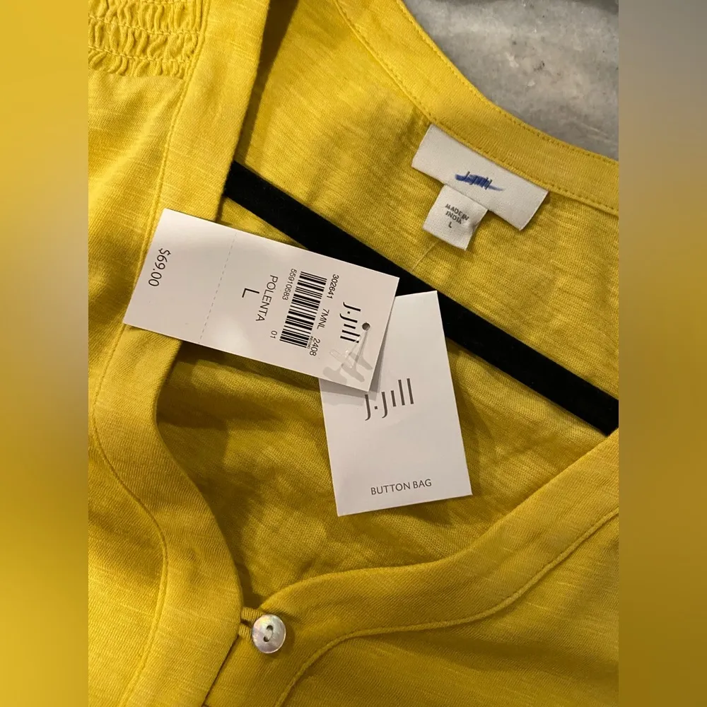 NWT J. Jill Size L Marigold Yellow 3/4 Smocked Sleeve Henley Top Pearl Buttons Gold Size L - Image 11