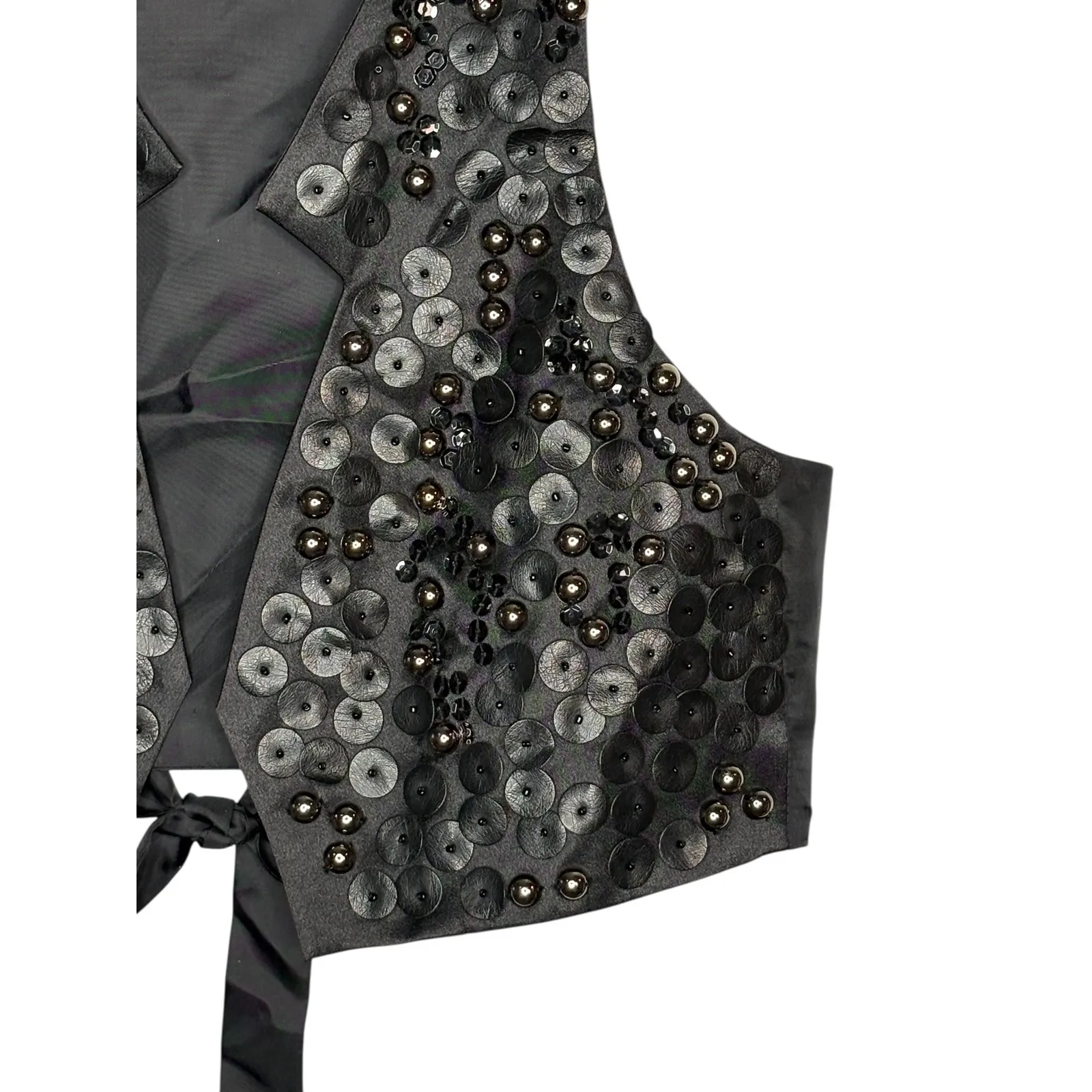 Bisou Bisou Black Sequin Embellished Beaded Vest Tie Back Y2K Goth Size Small - Image 2