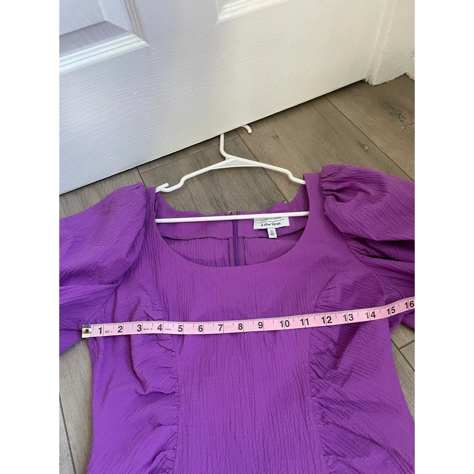 & OTHER STORIES Purple Textured Puff Sleeve Mini Dress Size 6 - Image 6
