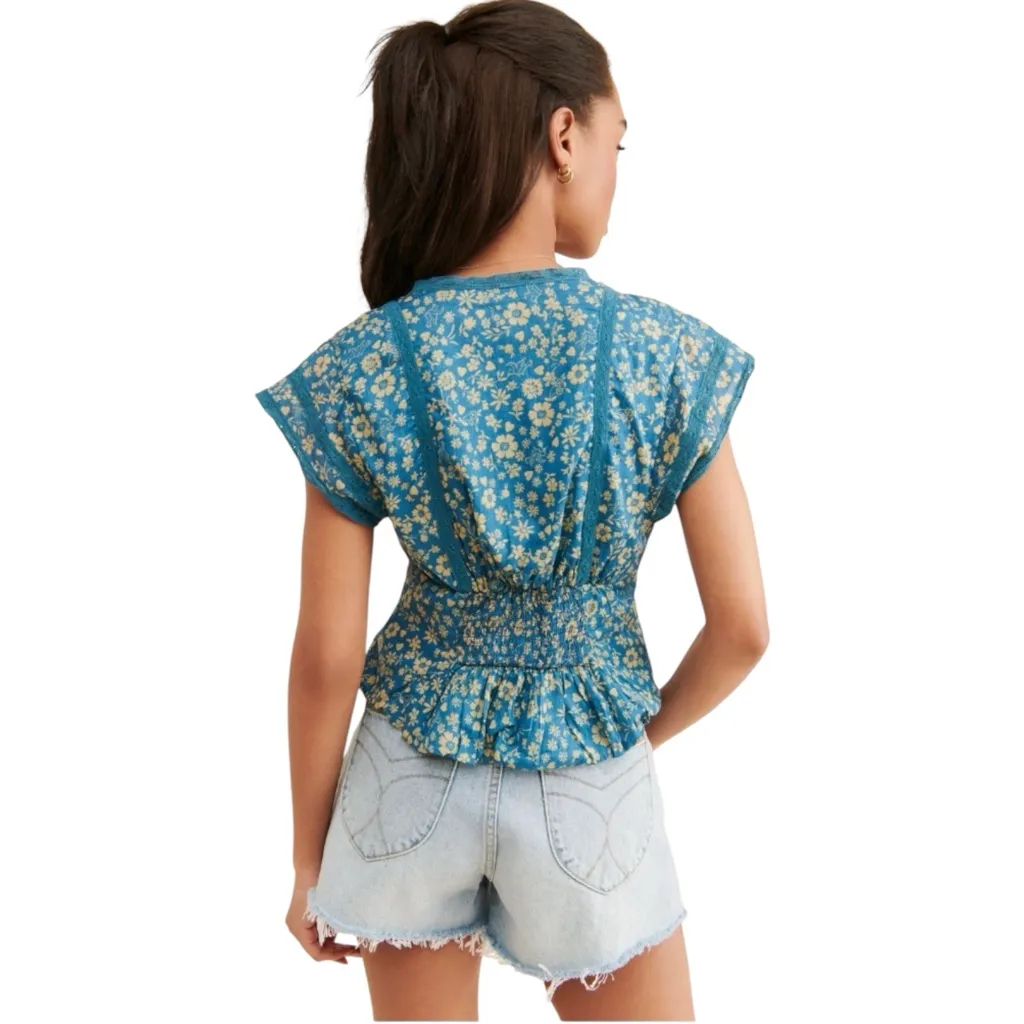 NWT Free People Landy Top / Garden Floral Teal Blue Flutter Sleeve Lace Detail S - Image 2