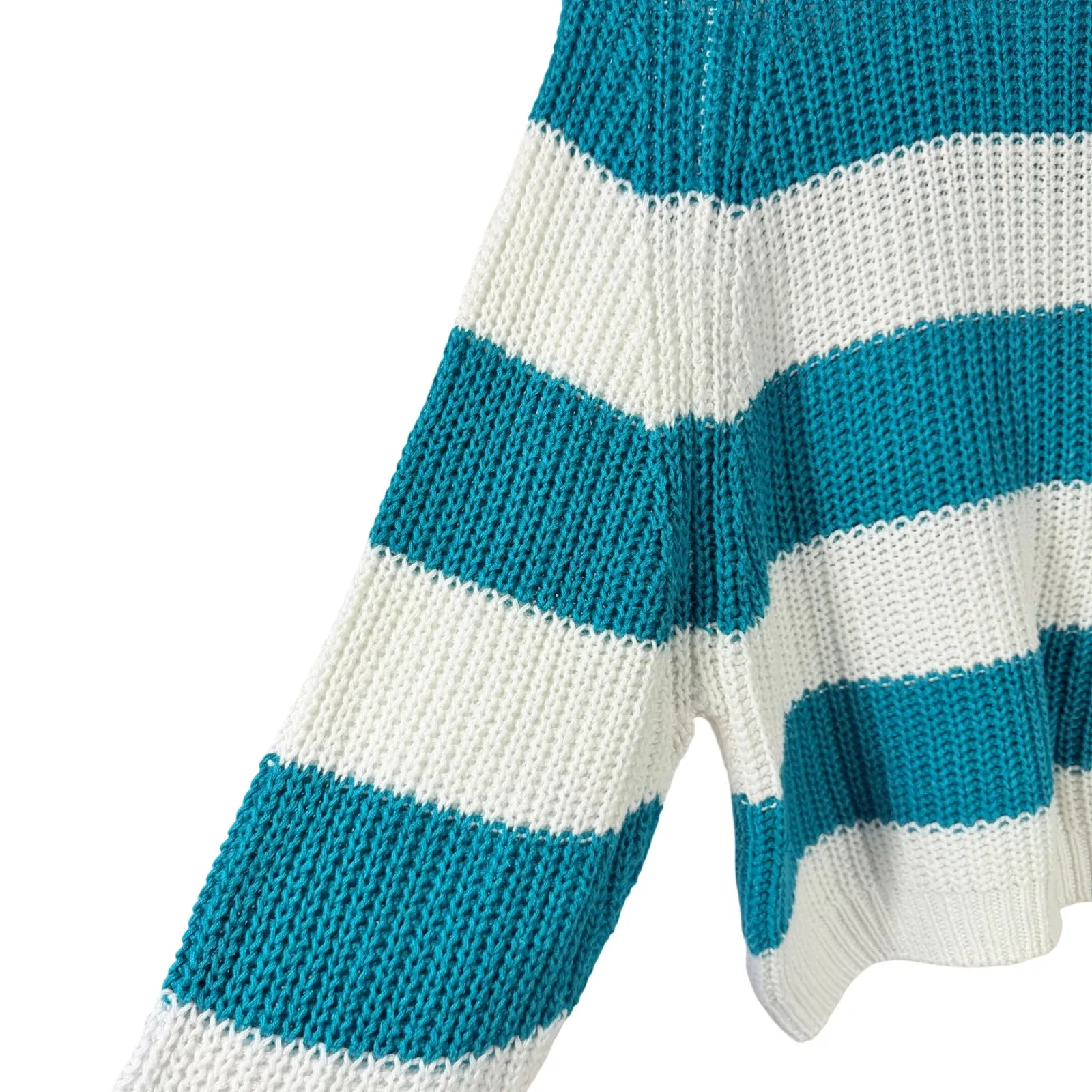 Vintage L'SimSBURY Striped Chunky Knit Sweater M Green Teal White Cotton Blend Size M - Image 7