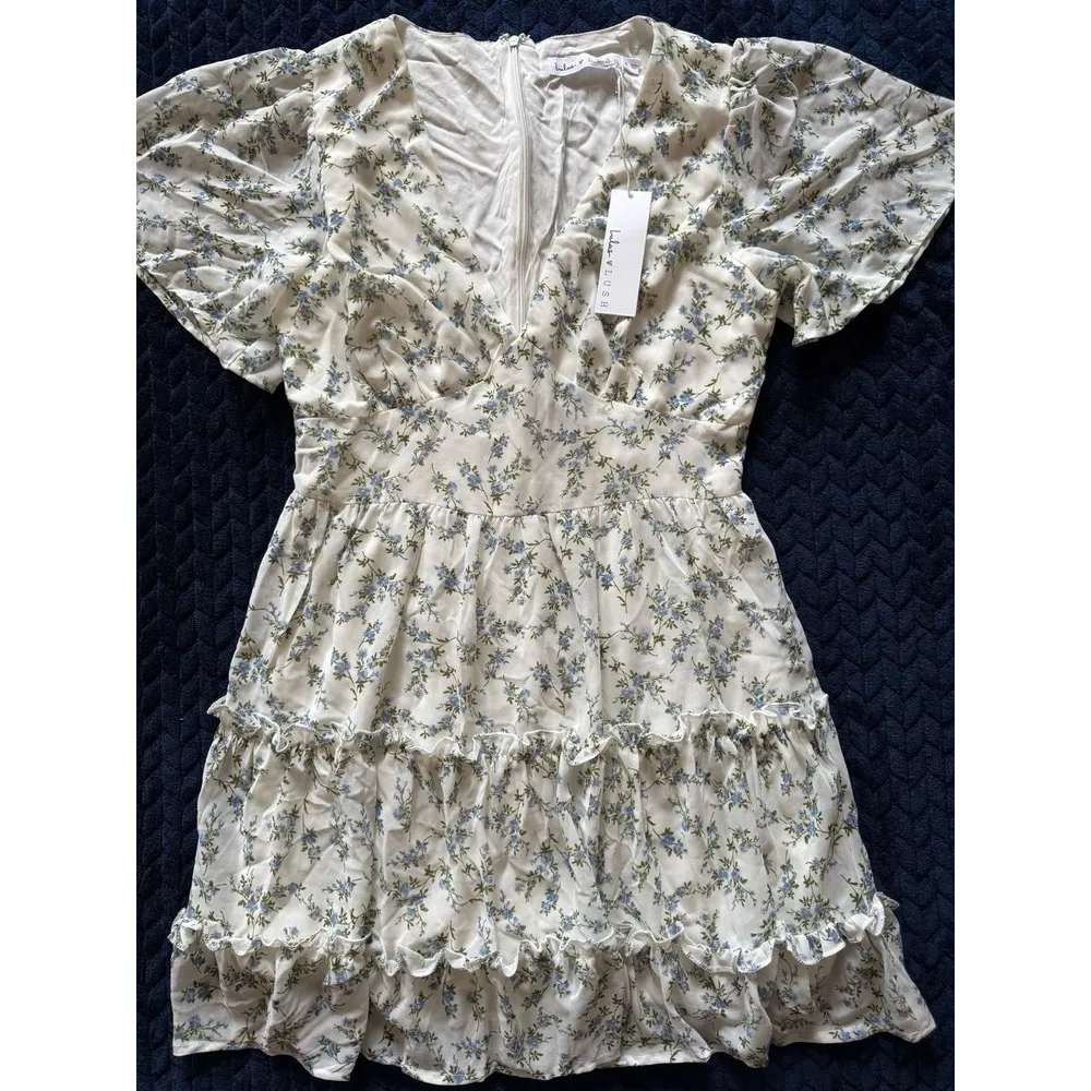Lulu's X Lush So True White Floral Print Tiered Short Sleeve Mini Dress Sz S NWT - Image 2