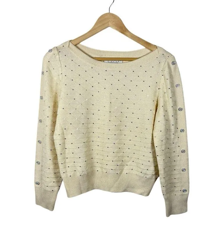 VINTAGE St. John Evening Embellished Rhinestone Sweater in Ivory/Silver Size 0 - Image 2