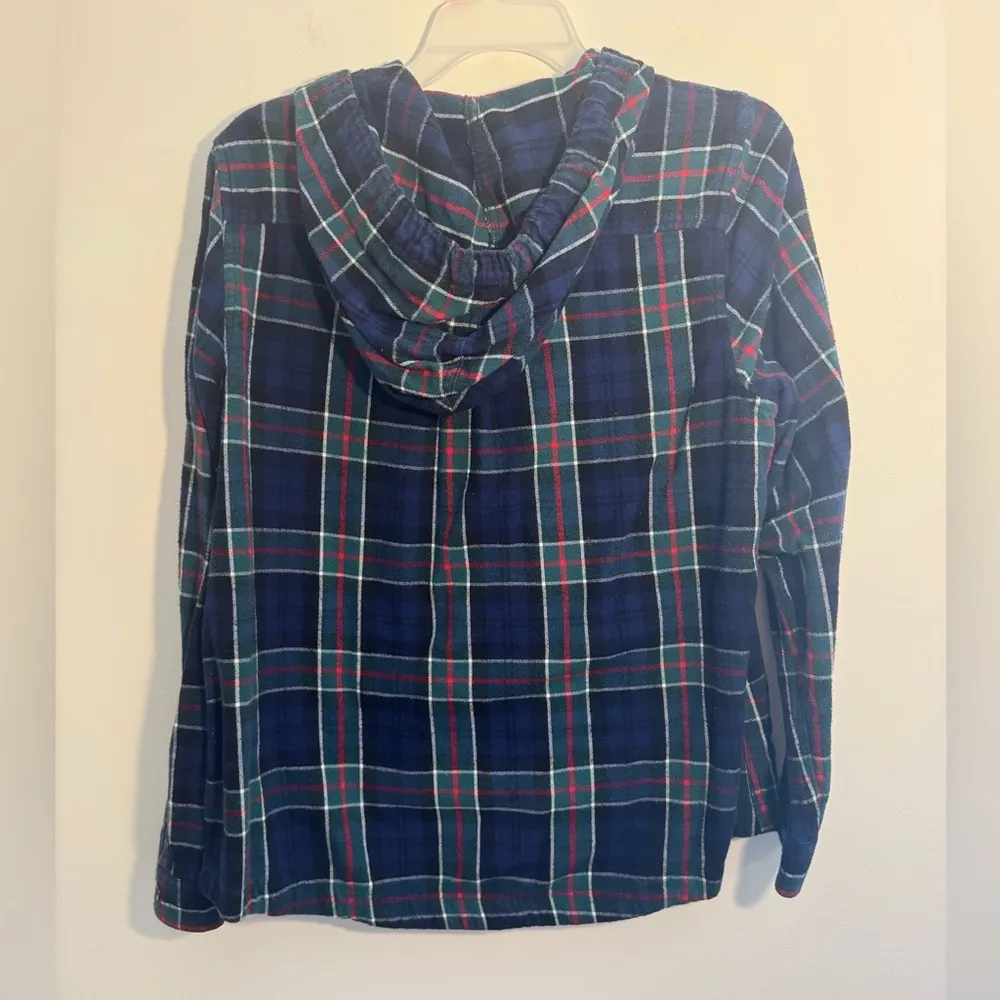 LL Bean Scotch Plaid Hoodie Womens Sz Medium Flannel Relaxed Fit Full Zip Jacket Blue - Image 7