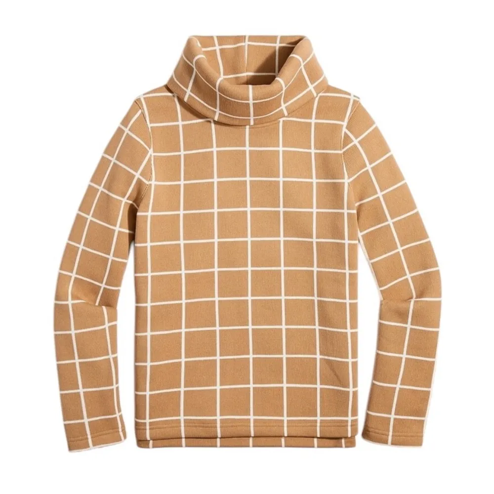 J. Crew Windowpane Fleece Lined Funnelneck Pullover Sweater Camel Tan Size M Size M - Image 2